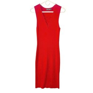 7th Avenue Design Studio Red Orange Bodycon Midi Dress Size XS Lace-Up V-Neck